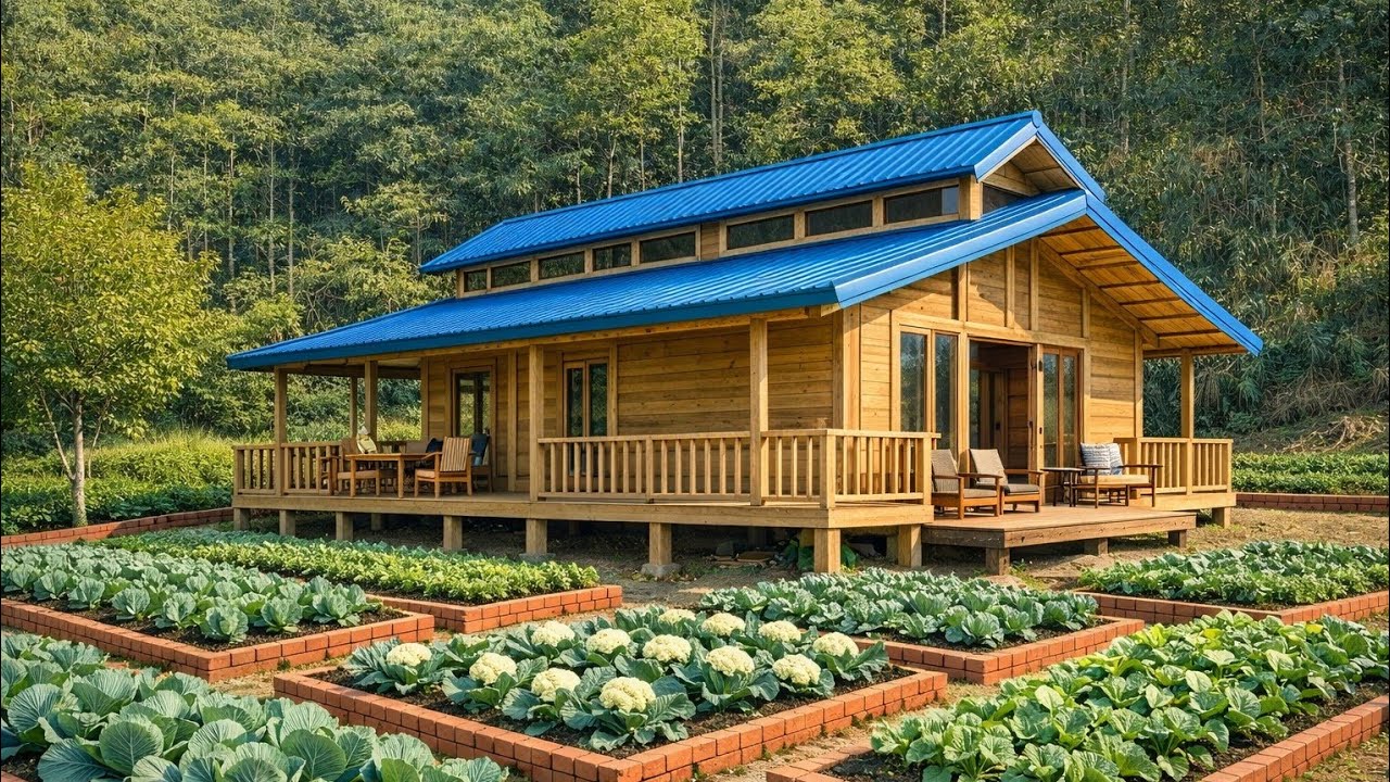 The couple and their two young children built a large, fully furnished wooden house with a kitchen.