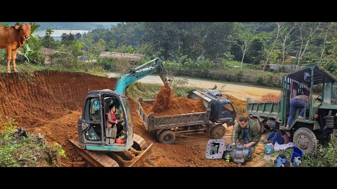 Binh The Girl genius Driving Truck  and excavators while Cuong busy fixing a small truck