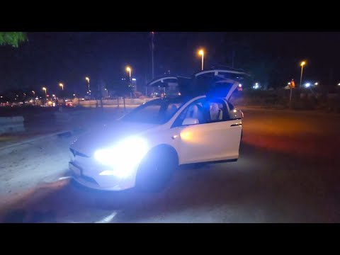 מתאבן: טסלה מודל x בריקוד לילי כחול לבן