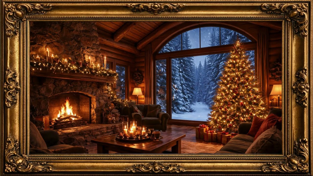 Gold Framed TV Art Screensaver (4K) — Cozy Christmas Cabin Fire Ambience with