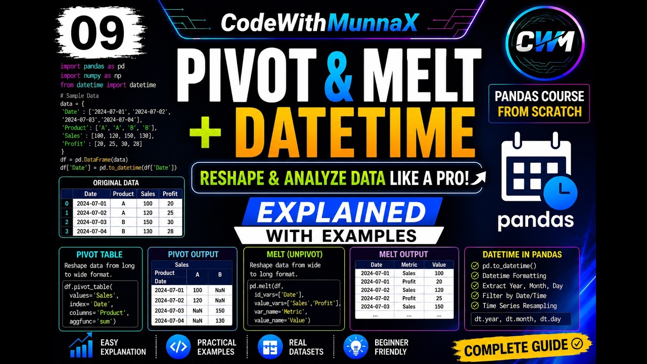 09. Pandas Pivot, Melt & DateTime Tutorial | Complete Guide with Examples