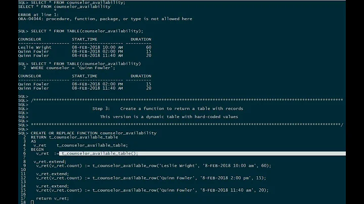 Oracle: create a function to return a table