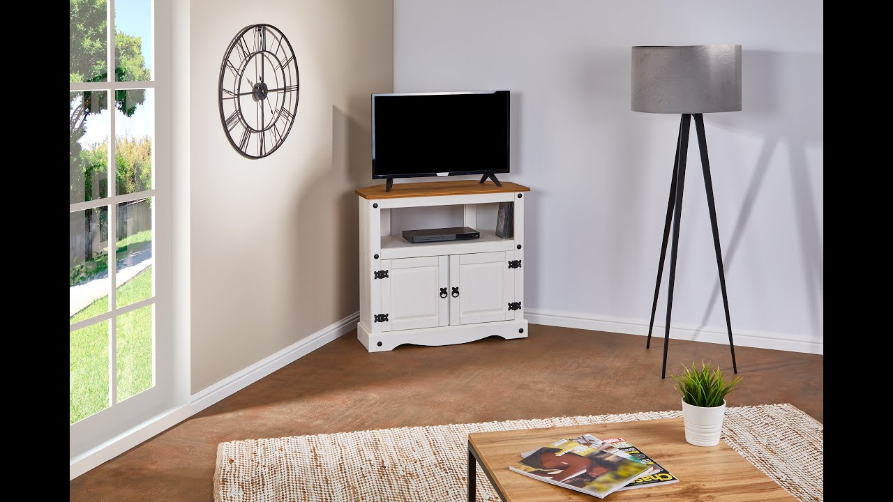 Meuble TV En Pin Massif Campo - Blanc Et Brun - 99 X 54 X 44 Cm - 2 Tiroirs + 1 Niche Avec Passe-Câbles - Style Mexicain Rustique