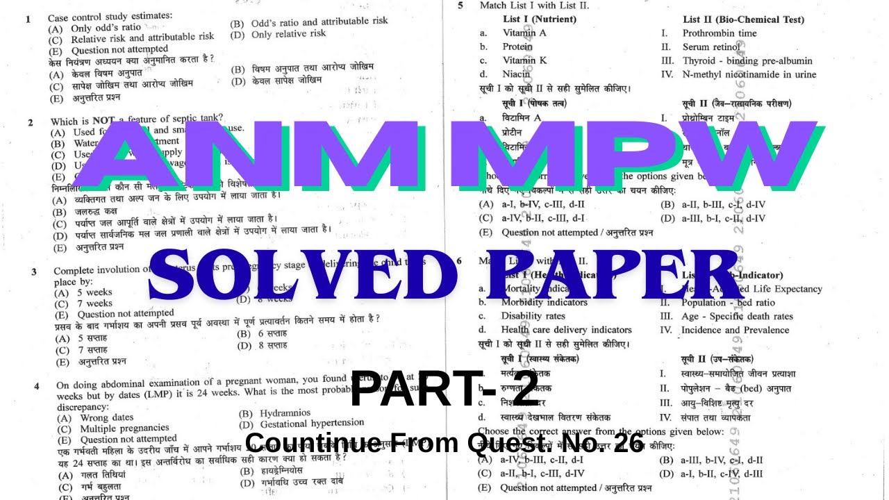 VYAPAM ANM MPW 2016 Solved Question Paper | ANM MPW Nursing Previous Year Questions with Answers