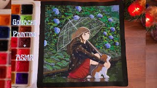 🌱Anime Girl and Dog in Rain 🌸Jelly Gouache Painting | ASMR cozy Painting