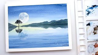 moon water painting reflection easy beginners watercolor