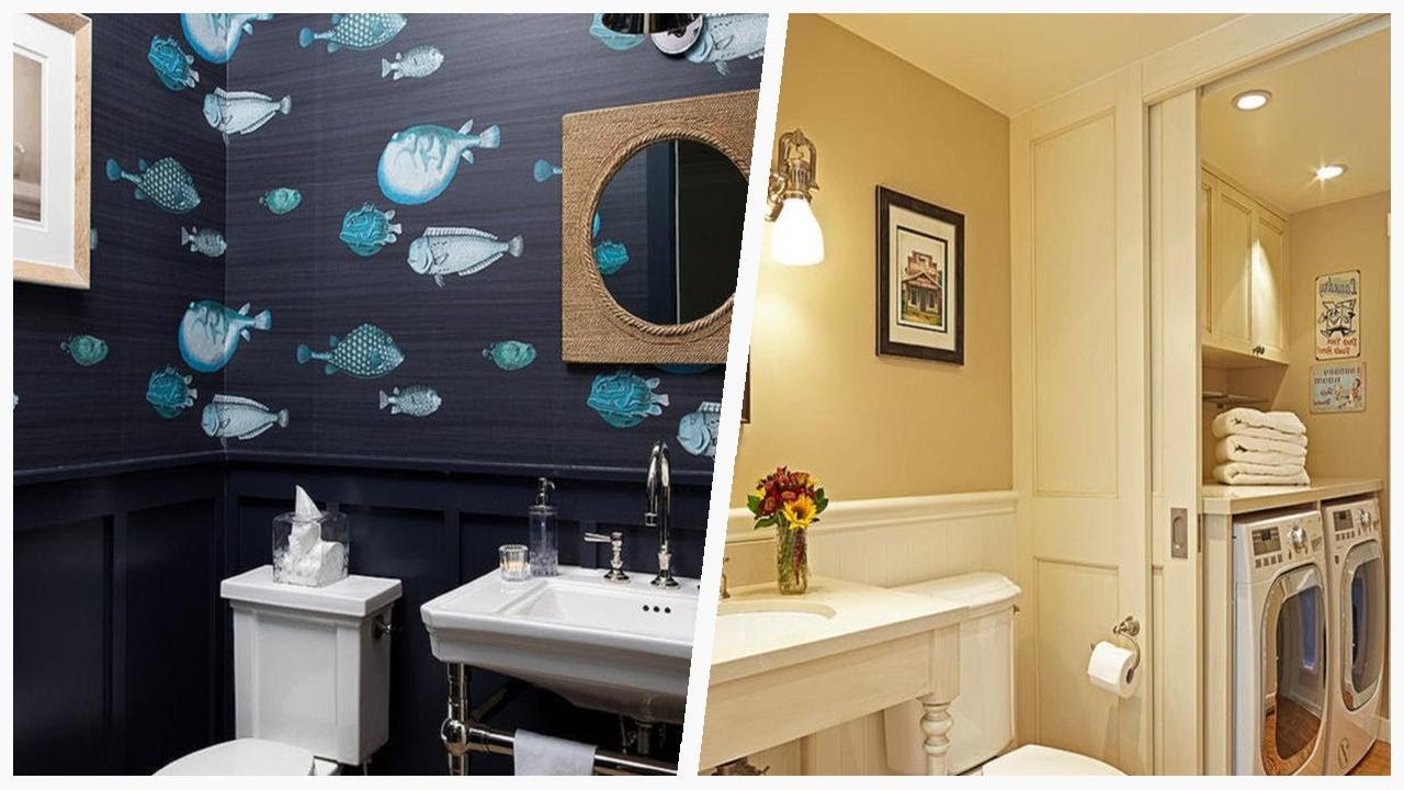 75 Beautiful Powder Room With Beige Walls And Multicolored Walls Design ...