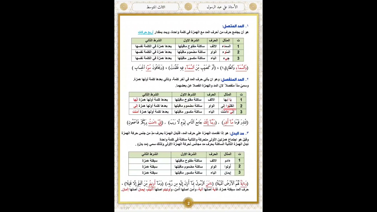 أحكام التلاوة للصف الثالث المتوسط 