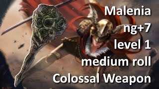 Malenia gets Big Bonked [level 1, ng+7, +0 Trolls Hammer, mid roll, no hit/buffs/aux/etc]