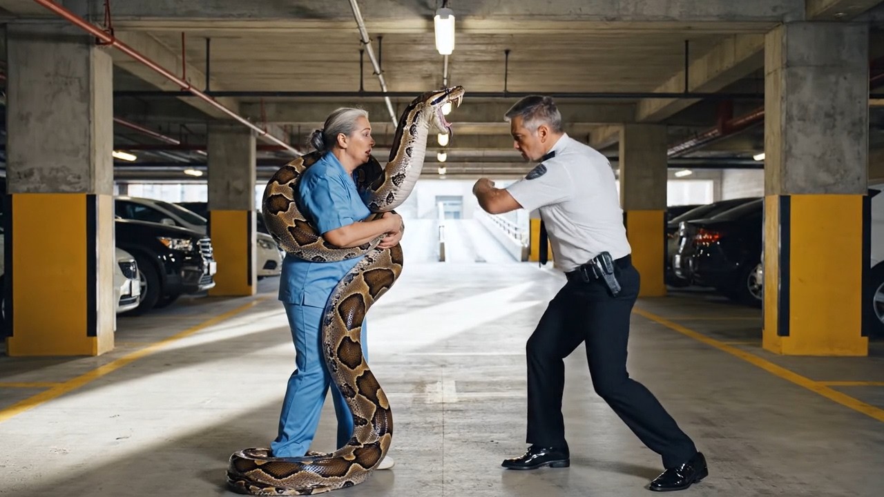 rescueanimal: Giant Python Attacks Janitor in Parking Garage - Hero Security Guard Rescue