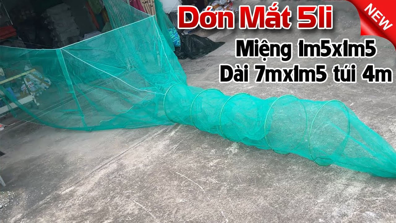 Dớn Chặn Sông Mắt 5li - 0.5cm Miệng 1m5x1m5 Dài 7m Cao 1m5 Túi 4m + 5 Khung Sắt 3 Hom - 0987782098