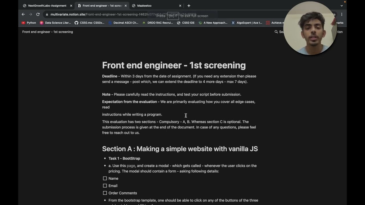 Next Growth Labs Assignment || Front-end Engineer || 1st Screening || Demo