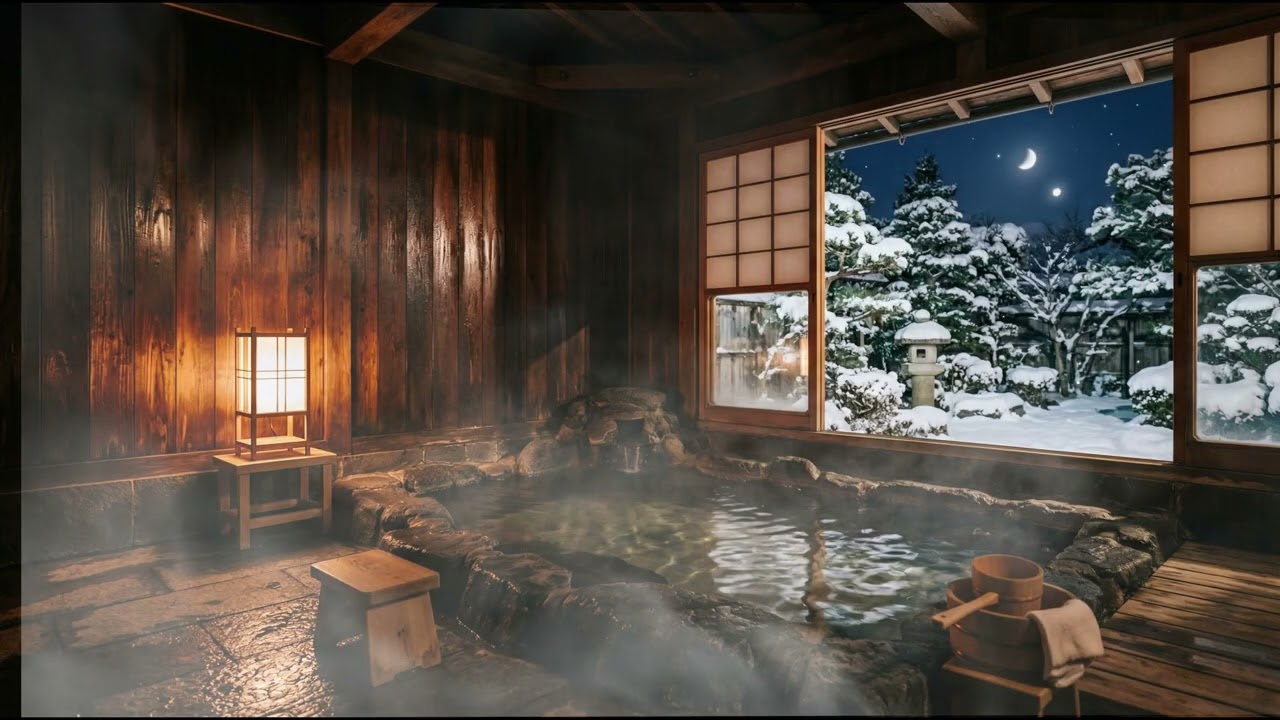 Moonlit Onsen Room for Restful Sleep – Warm Indoor Hot Spring & Quiet Falling Snow