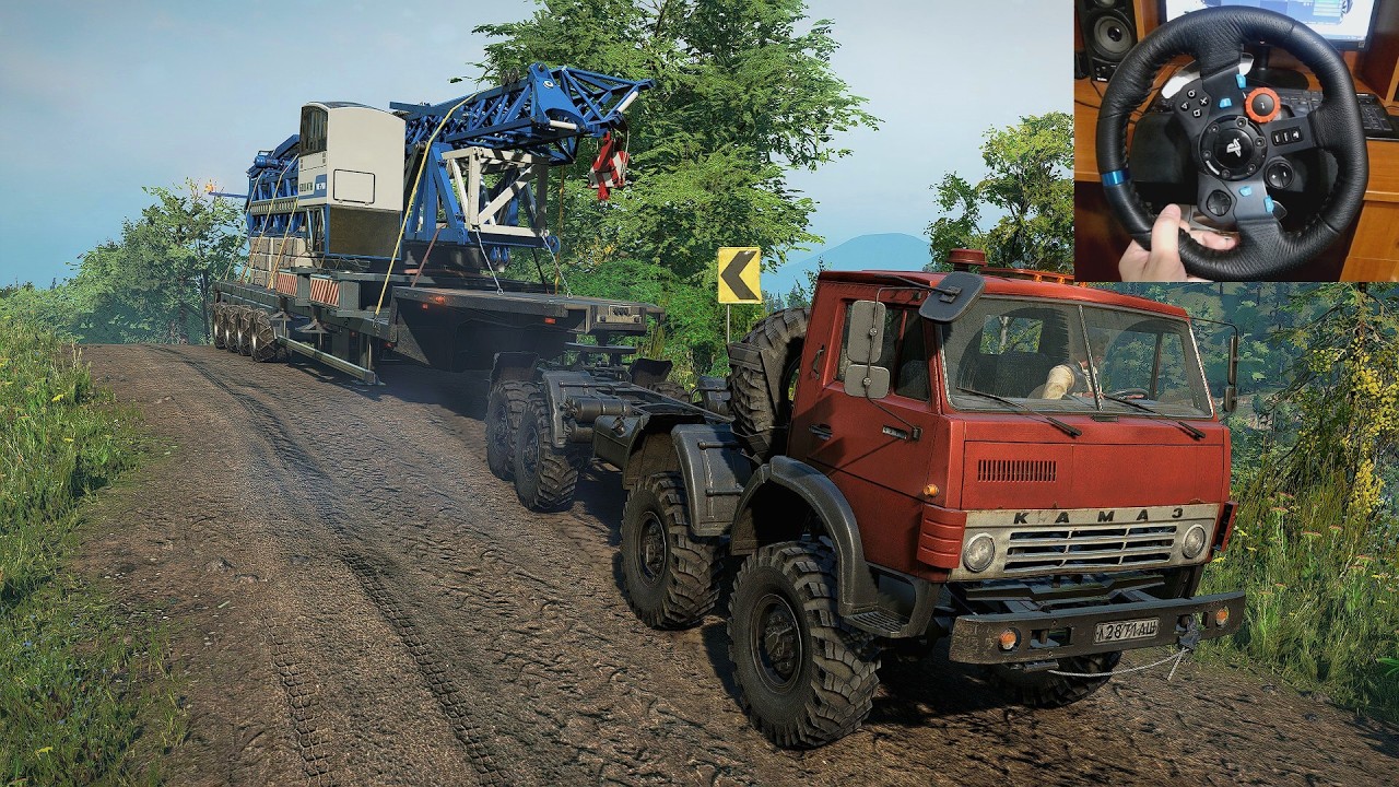 SnowRunner – KamAZ 6350 “Mustang” Delivering a Massive Crane Over Steep Hills | Logitech G29