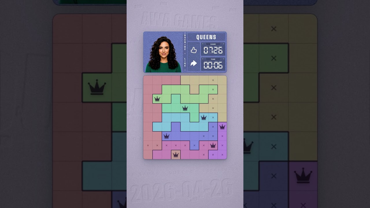 LinkedIn Queens #726 solved board for April 26, 2026, 9x9 grid