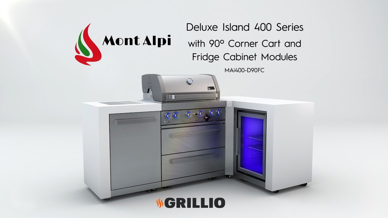 Mont Alpi 4-Burner Deluxe Gas Grill Island with 90-Degree Corner, Infrared Side & Rear Burner