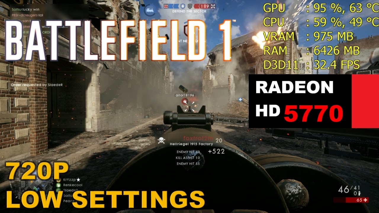 HD 5770 / 6770 1GB | Battlefield 1 - 720p LOW Settings, Amiens 64 players