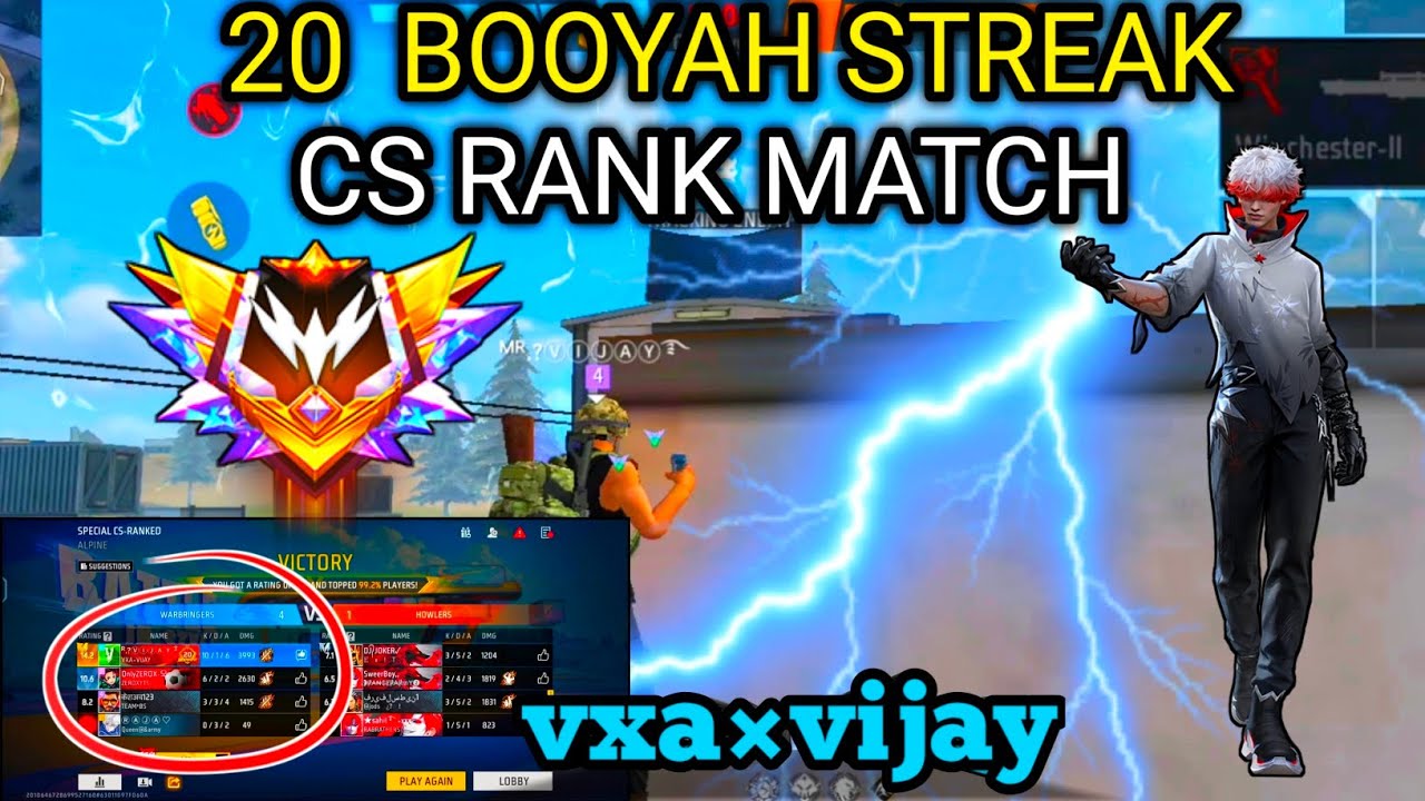 🔥 20 BOOYAH STREAK! 😱 Free Fire CS Rank Match | VXA×Vijay
