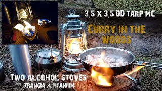 DD 3.5 x 3.5 multicam tarp camp - Trangia & Titanium alcohol stoves - Cooking king prawn curry