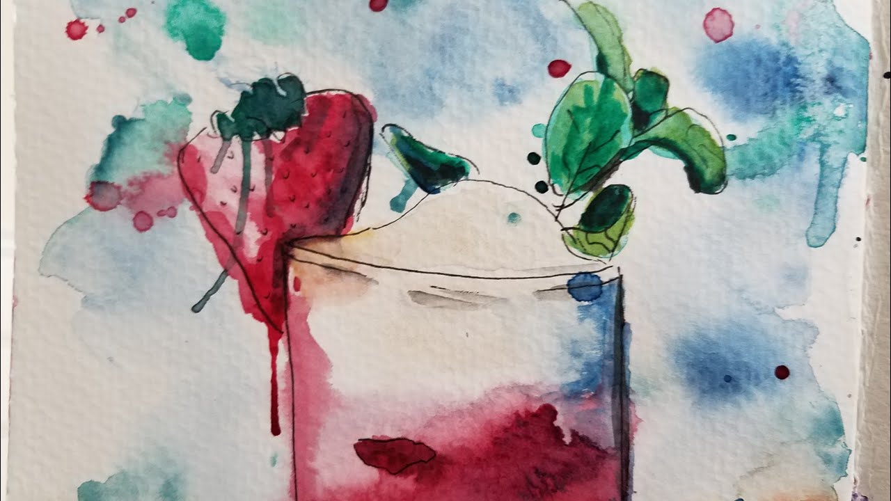 Timelapse watercolor painting of cocktail drink