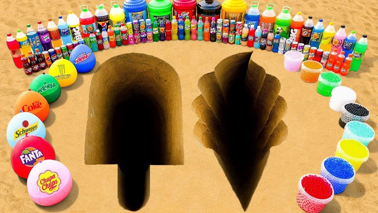 Big Toothpaste Eruption from Two Ice Cream hole, Orbeez, Balloons Fanta, 7up, Coca Cola and Mentos