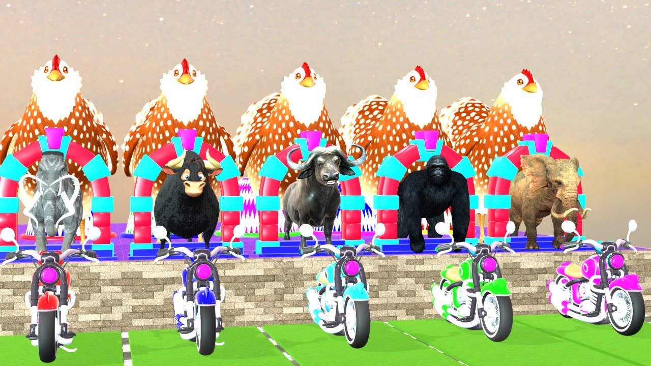 Long Slide Game With Cow Elephant Gorilla Buffalo Tiger - 3d Animal Game - Funny 3d Animals