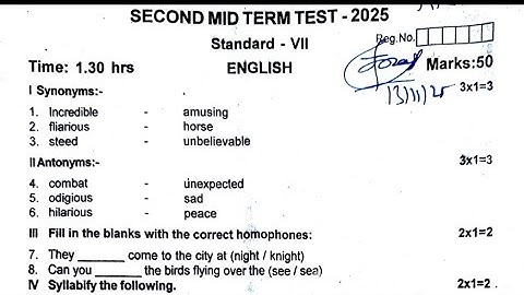 7th std english second midterm exam question paper 2025