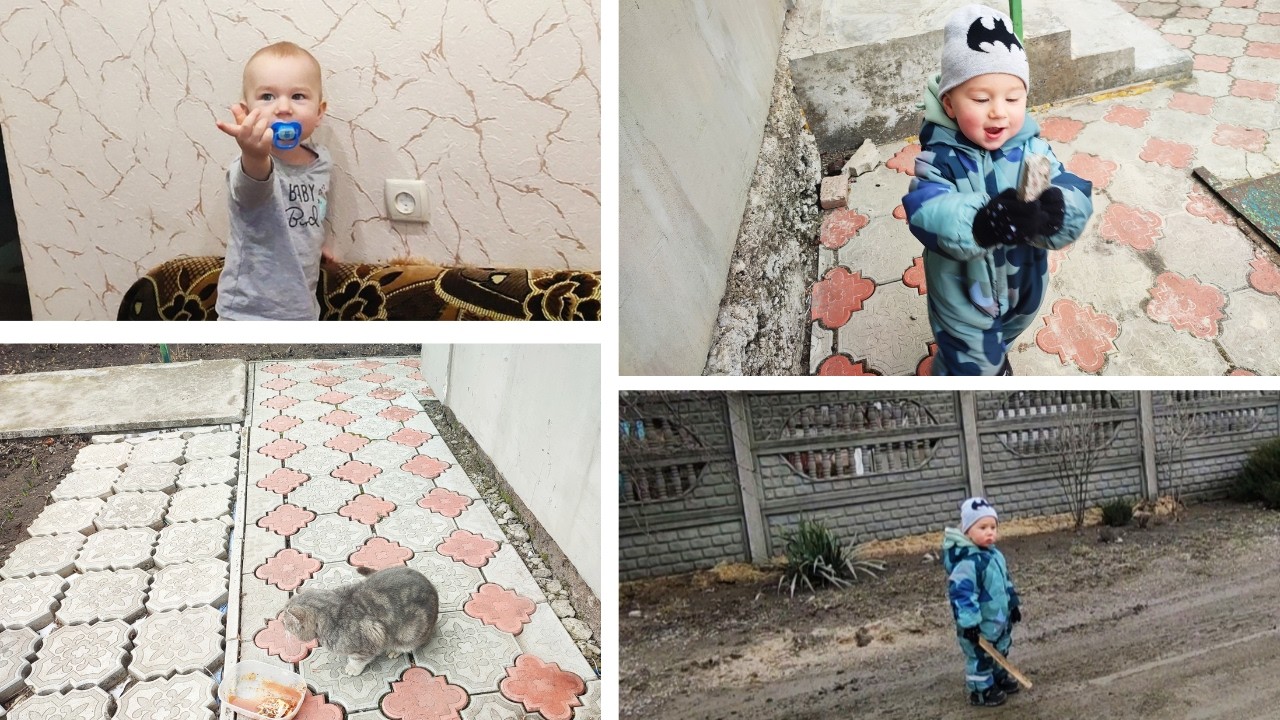 СВЯТІК ДОПОМАГАЄ  ПРИБИРАТИ. НА ВУЛИЦІ ОБІРВАЛА СУХІ ГІЛКИ ХРИЗАНТЕМИ.