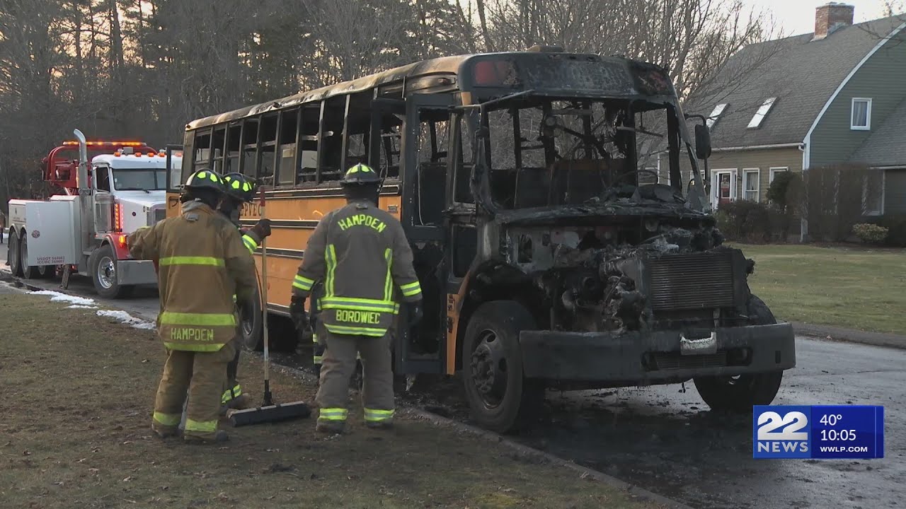 School bus heavily damaged after fire in Hampden - YouTube