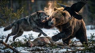 BATTLE OF THE GIANTS: Alpha Wolf Pack Leader vs Grizzly Bear in a Death Standoff over Prey!