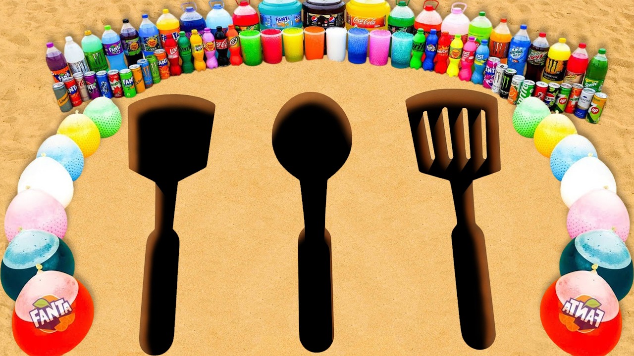 Experiment: Fork vs Spoon vs Spatula pit Eruption from Balloons Sodas, Fanta, Coca Cola and Mentos