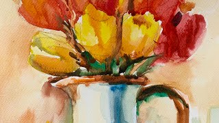 土人教画】628 水彩画静物花瓶与郁金香terrain art class watercolor