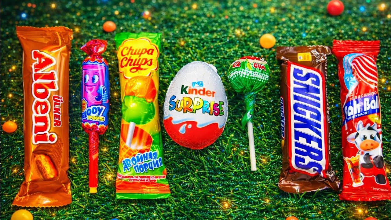 Asmr most popular candys/ lots of colourful rainbow lolipop chocolate/ many types of candy unpacking