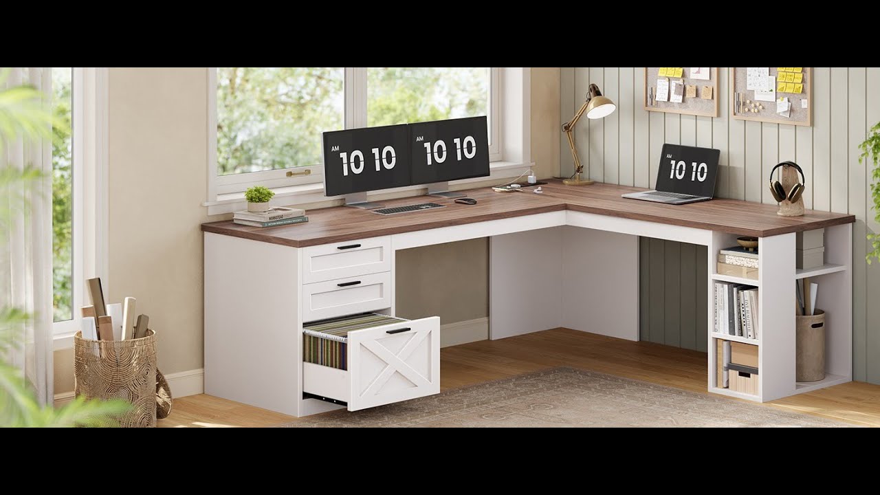 SEDETA 67 Inch L Shaped Executive Computer Desk with 3 Drawers Storage Shelves Power Outlets