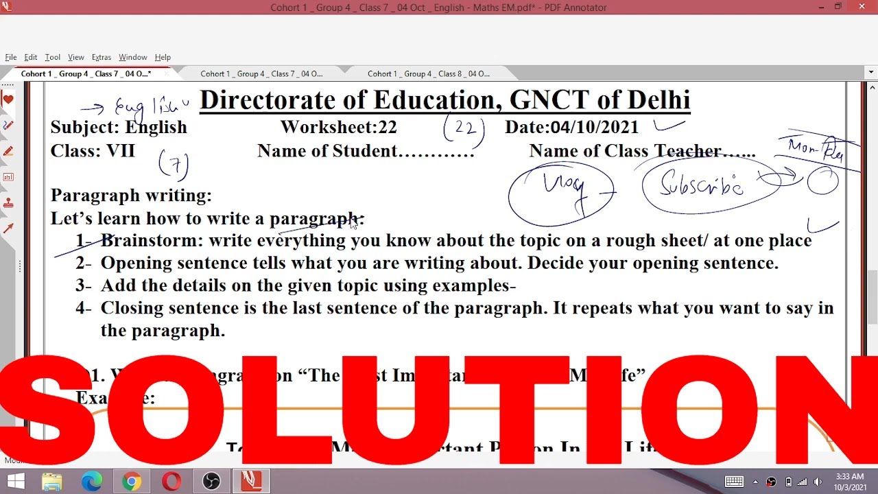 Class 7 English 04 10 21 Worksheet 22 Monday English 4 October Class 7 