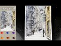Winter Landscape Watercolor - Snowy Street (sketch & color mixing view) NAMIL ART