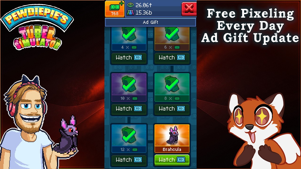 Get a Free Pixeling Every Day from Watching Ads in Pewdiepie's Tuber Simulator!