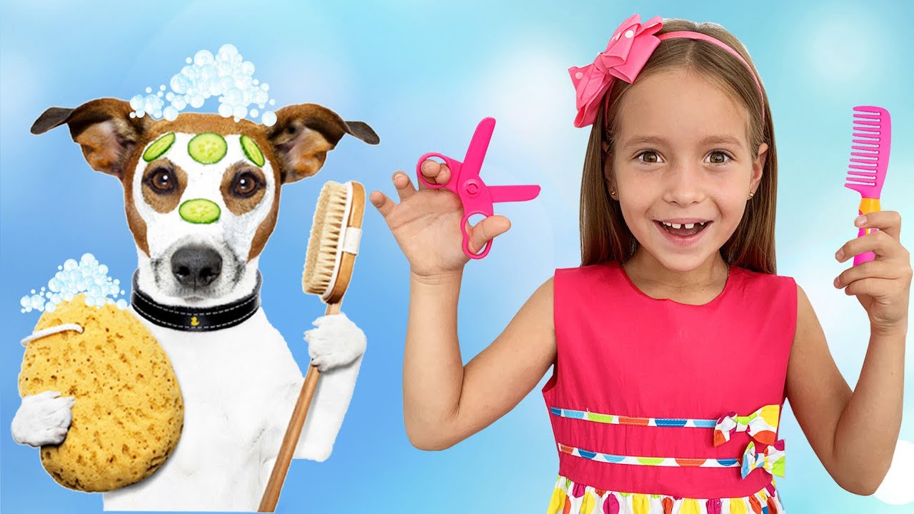 Sofia plays toy beauty salon with pets and dress up toys YouTube