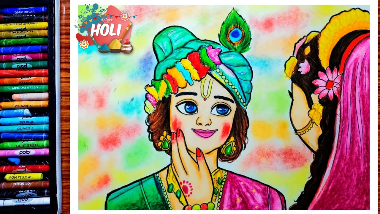 Radha Krishna drawing Holi with oil pastel/Easy Holi drawing ...