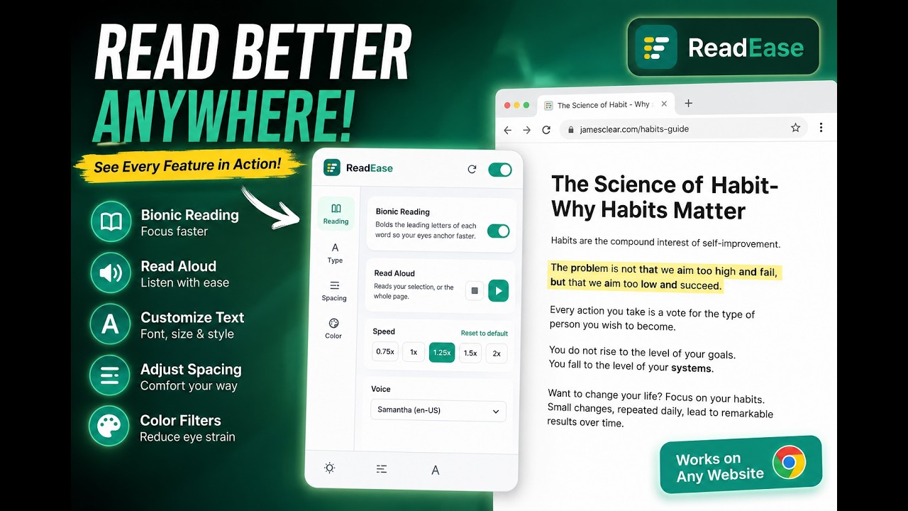 ReadEase demo video thumbnail showing the browser extension in use