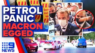 UK fuel shortages spark panic buying, French President egged | 9 News Australia