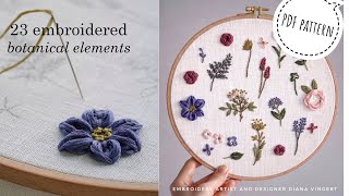 23 embroidered botanical elements/   pdf pattern