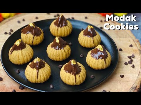 Modak Cookies | Chocolate dipped Modak Cookies | Atta Cookies | Jaggery Cookies | Flavourful Food