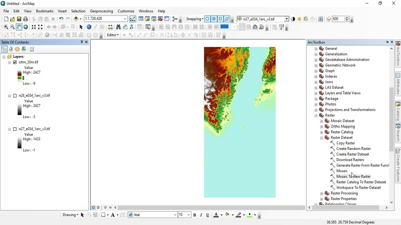 SRTM data download and mosaic تحميل و دمج نموذج الارتفاعات الرقمى بدقة 30 متر