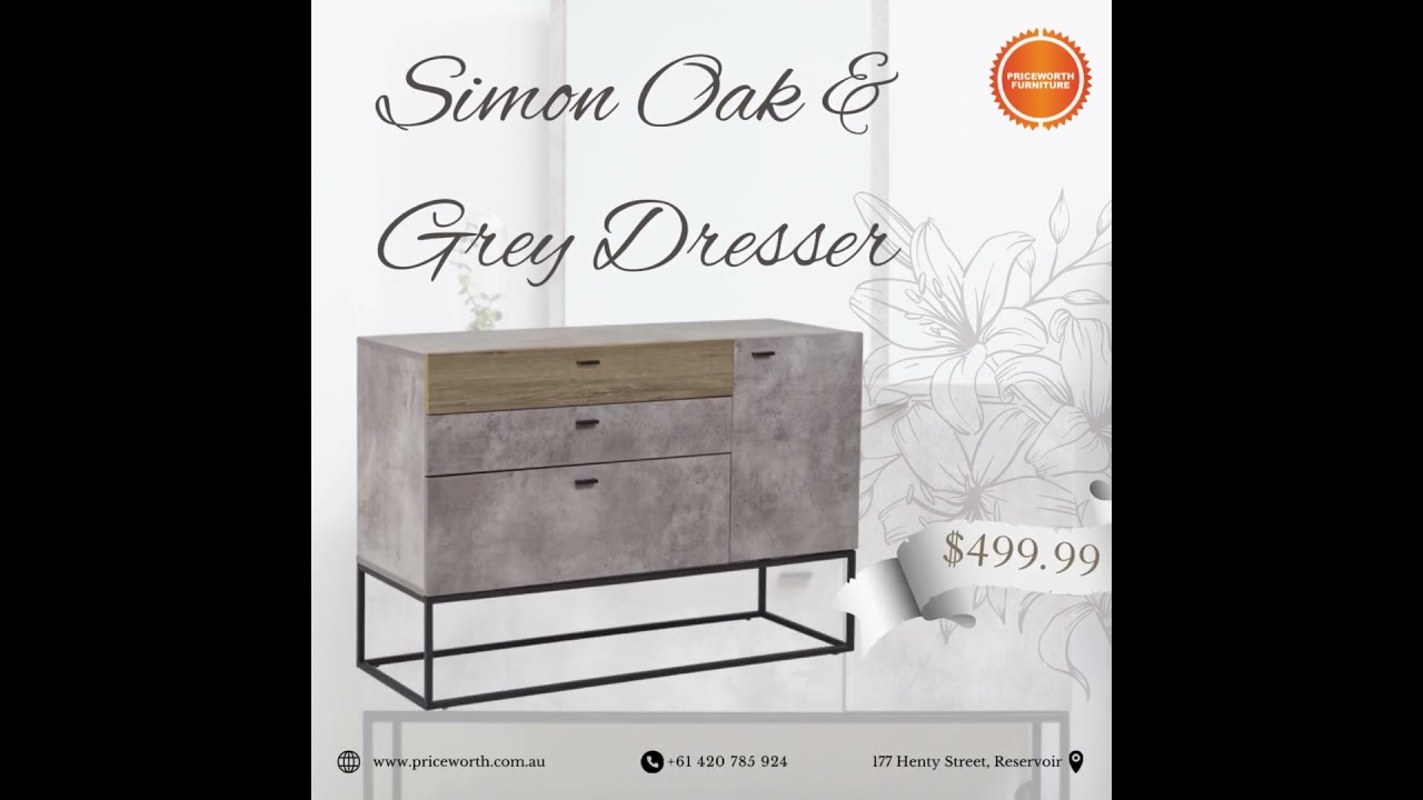SIMON DRESSER GREY & DARK OAK WITH 3 DRAWERS & 1 CLOSE SHELVE!!