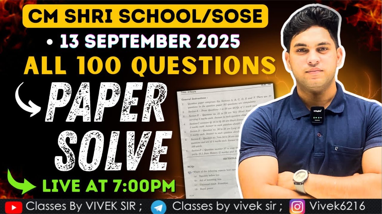 13TH SEPTEMBER FULL PAPER SOLVED 100 MARKS 🔥| CM SHRI SCHOOL / SOSE | BY VIVEK SIR