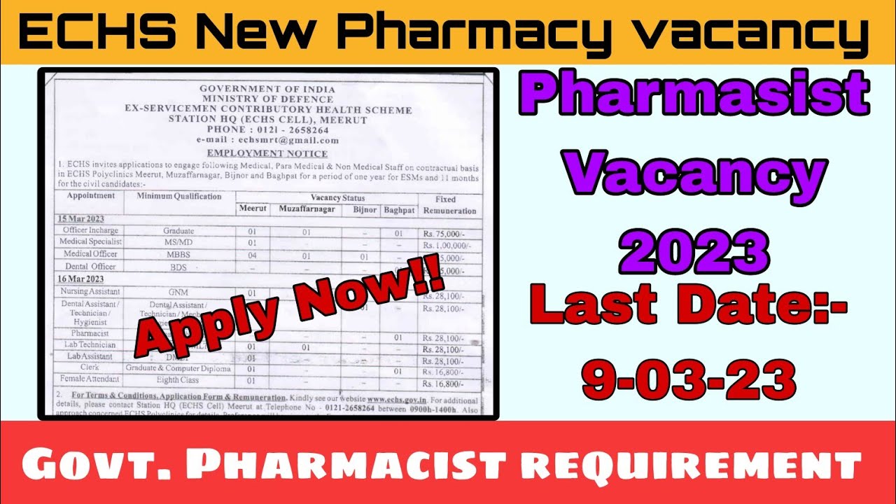 Pharmasist Vacancy Requirement at ECHS Govt. Pharmacy Vacancy 2023