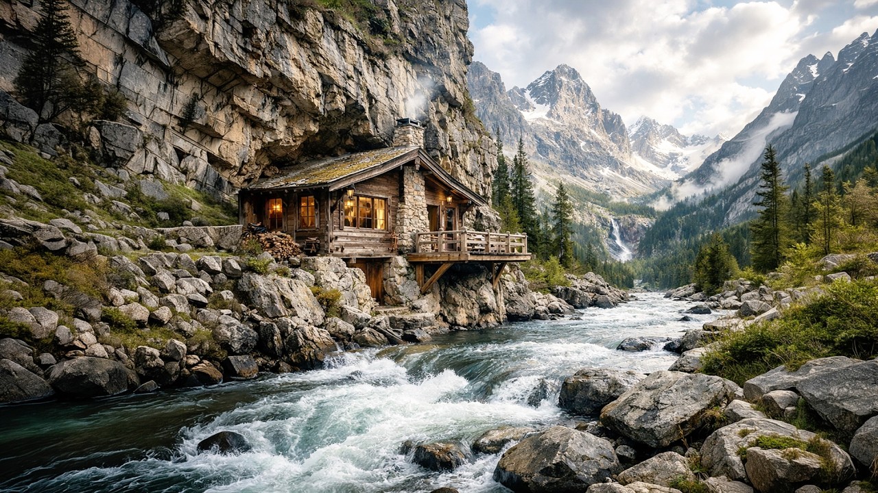 4 Cozy Cliff Cabin with Waterfall View 🏔️ River Flow ASMR Deep Sleep Mountain Sounds