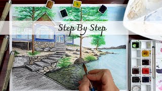 Watercolor House Landscape Sketch, Painting | Step By Step