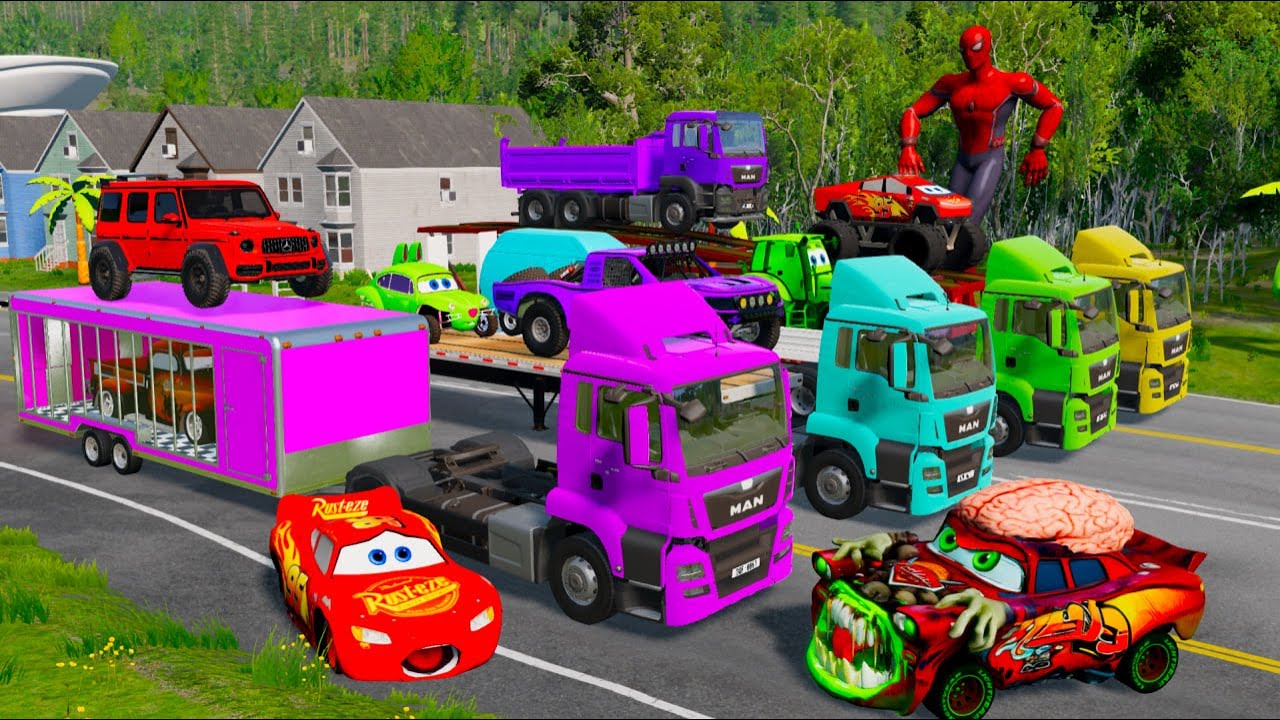 Triple Flatbed Trailer McQueen Transportation with Truck Speedbumps vs Cars vs Train BeamNG #4